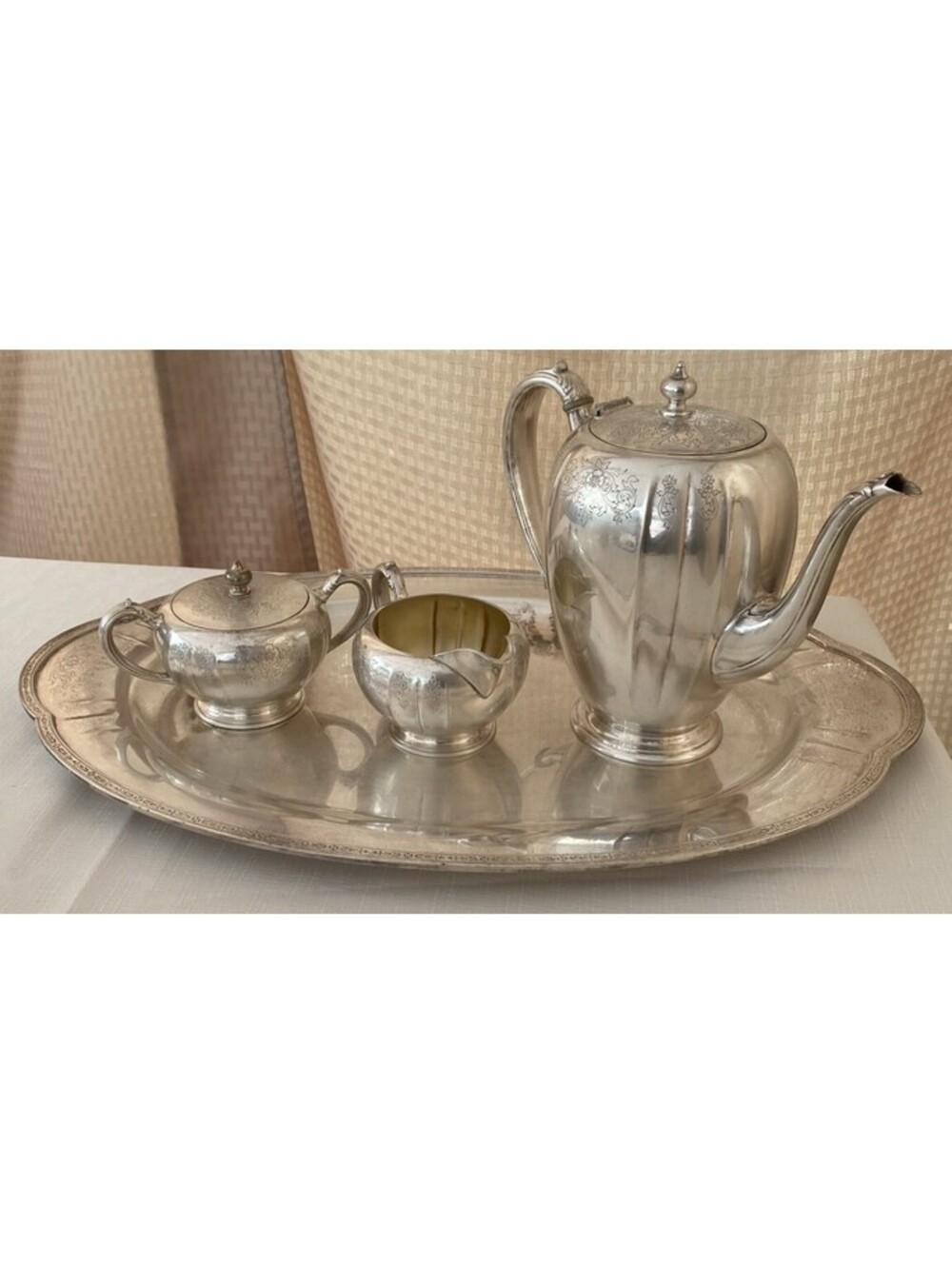 WM. A. Rogers Silver Plated Tea Set With Tray Teapot Creamer Sugar & Flowers
